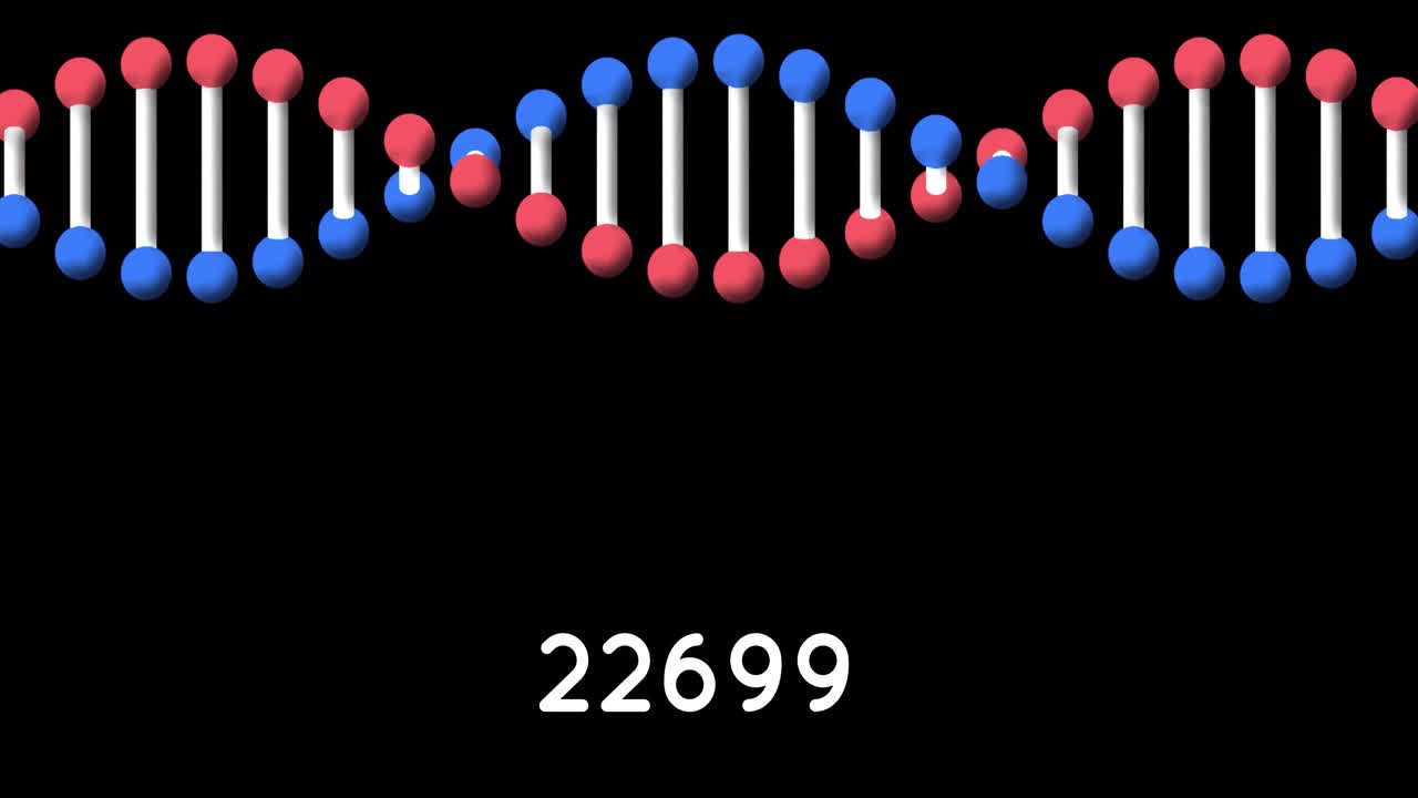 검은 바탕에 dna 구조를 회전시키는 증가하는 숫자의 디지털 애니메이션