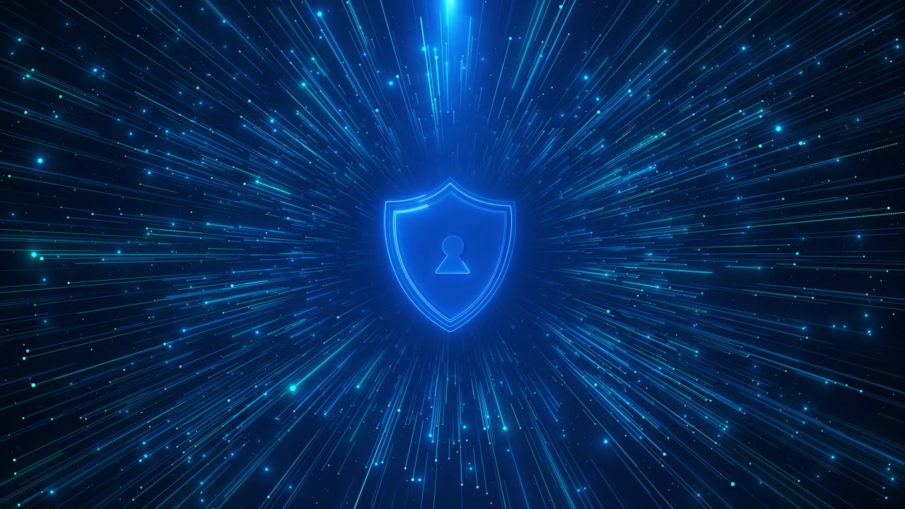 Glowing blue shield keyhole stand of fast radial data lines secure protection cybersecurity privacy
