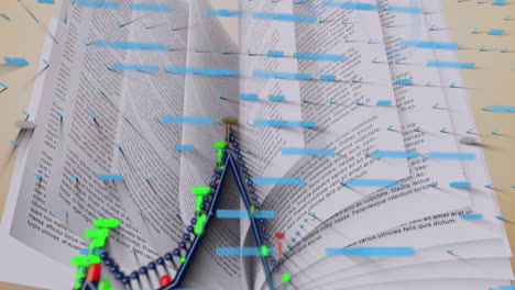 animation of financial data processing over open book on wooden surface