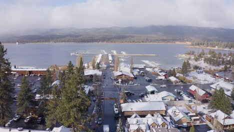 Flyover-Aerial-Shot-of-Big-Bear-Lake-During-Snowy-Winter,-California,-USA