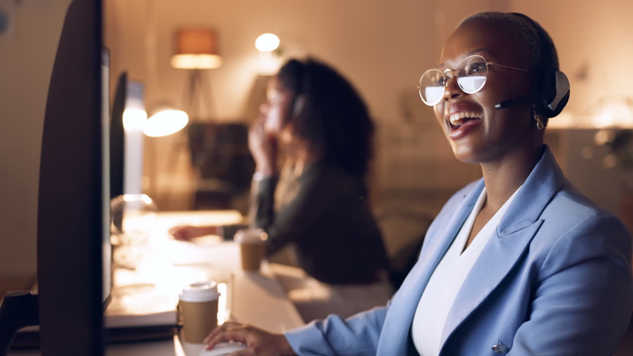 Call center, support and business woman at night