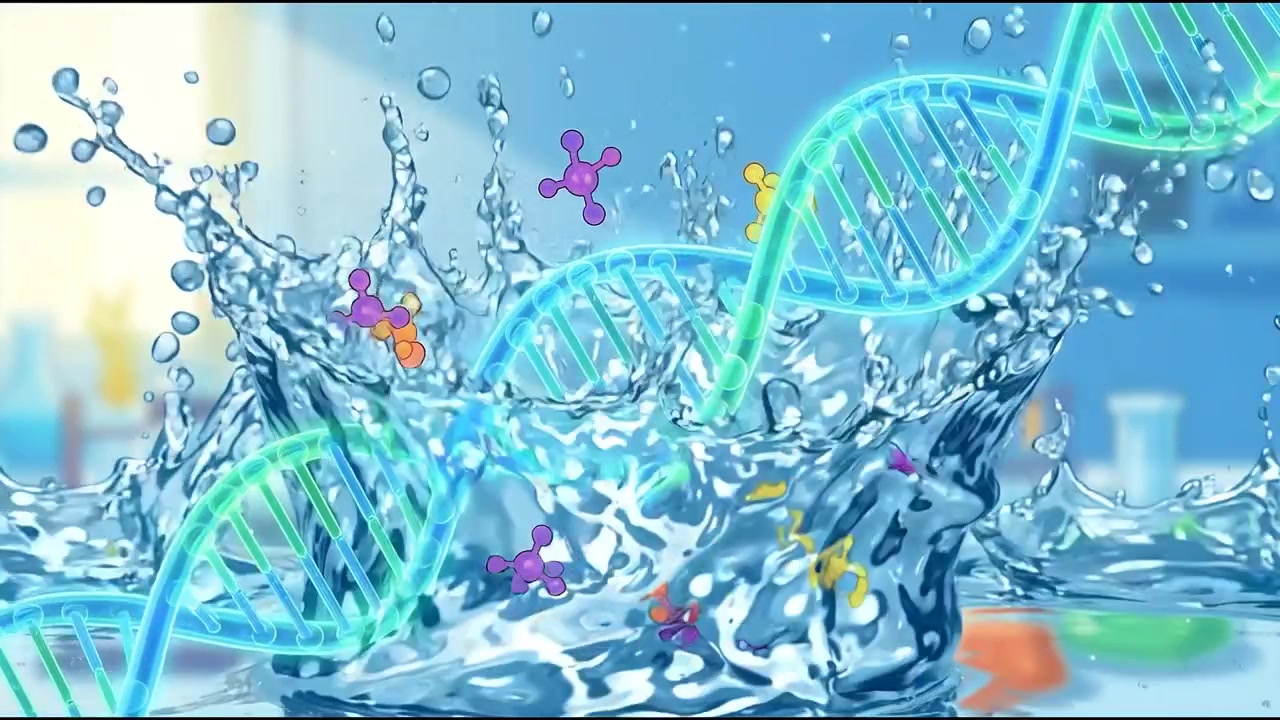 研究室で水しぶきに浸るDNAらせん構造