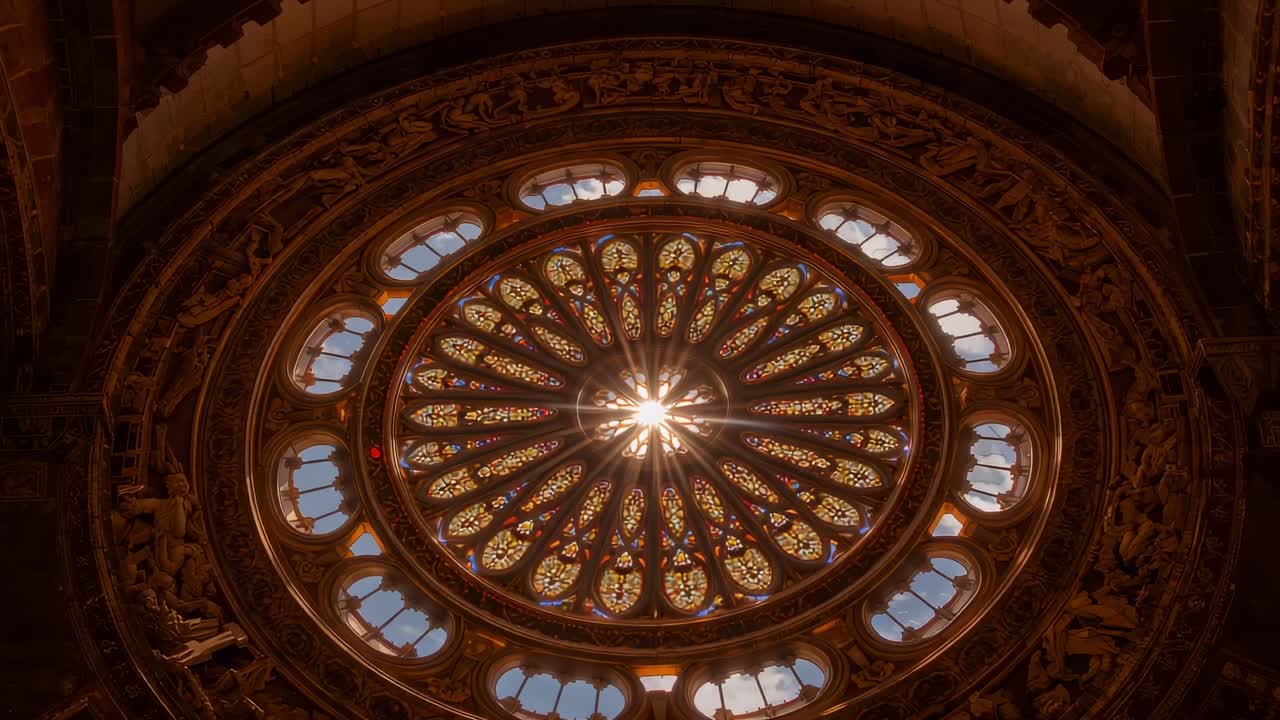 Sun moving behind stained-glass rose window in cathedral, causing glowing stone tracery reliefs
