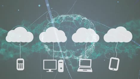 animation of human brain over digital clouds with electronic devices and network of connections