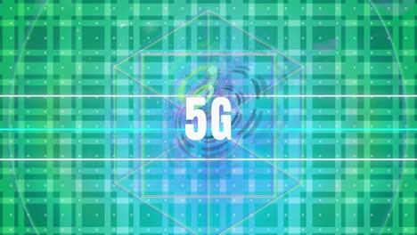 animación de texto de 5g sobre formas en movimiento