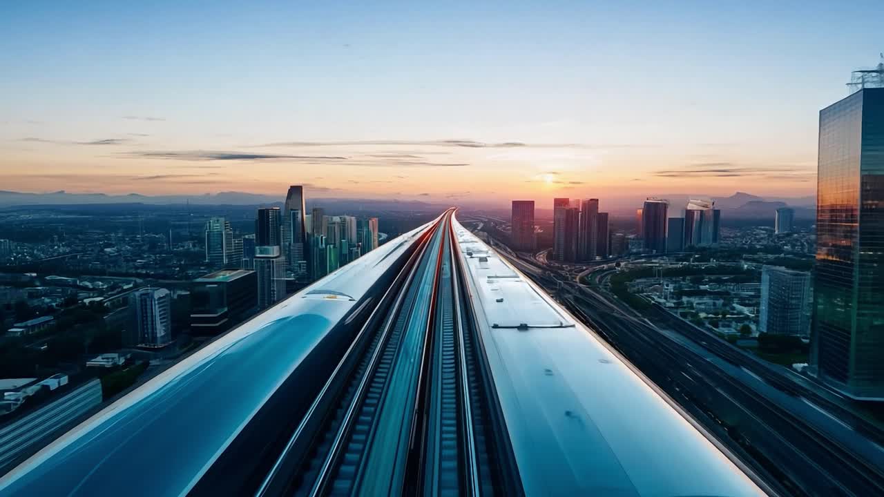 Experience a sunset journey on a high speed train approaching a bustling city skyline, showcasing futuristic transportation amidst urban architecture
