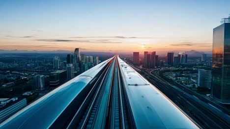 experience a sunset journey on a high speed train approaching a bustling city skyline, showcasing futuristic transportation amidst urban architecture