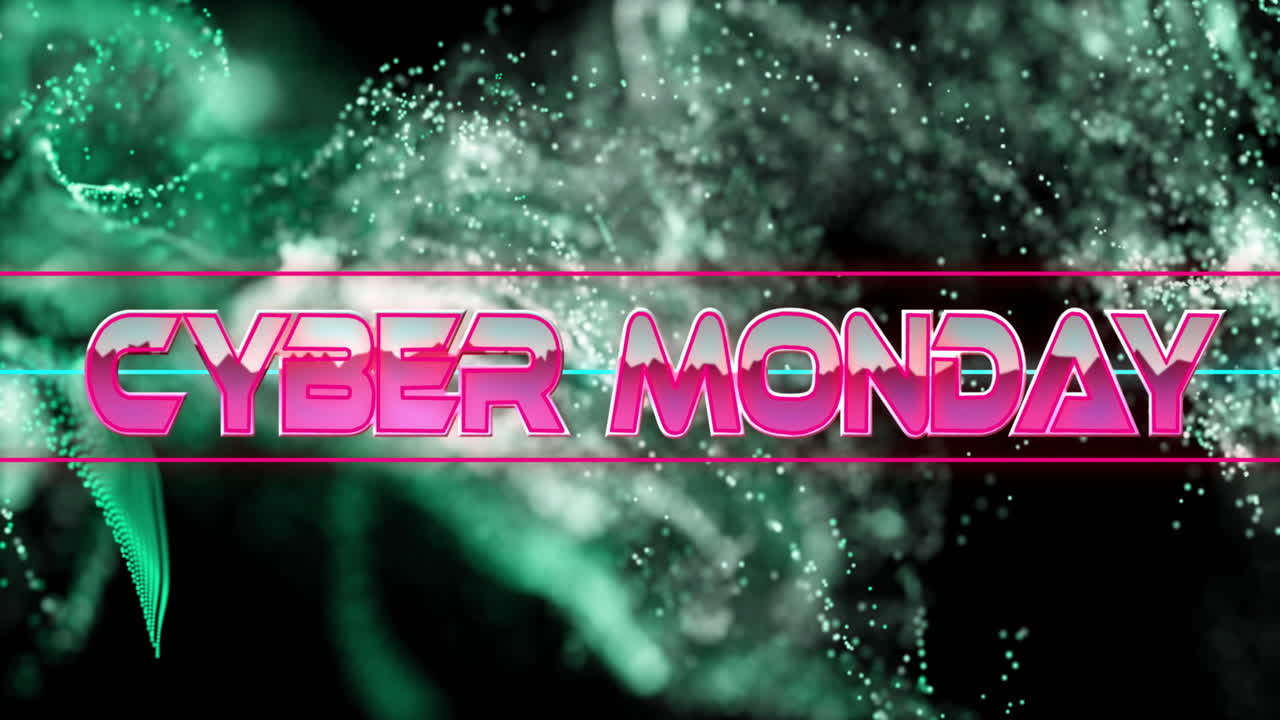 Bold pink Cyber Monday text on abstract green and black animation background