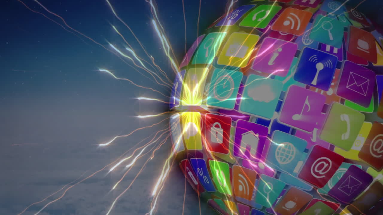 3D sphere composed of colorful app icons rotating, emitting sparks and trails above clouds