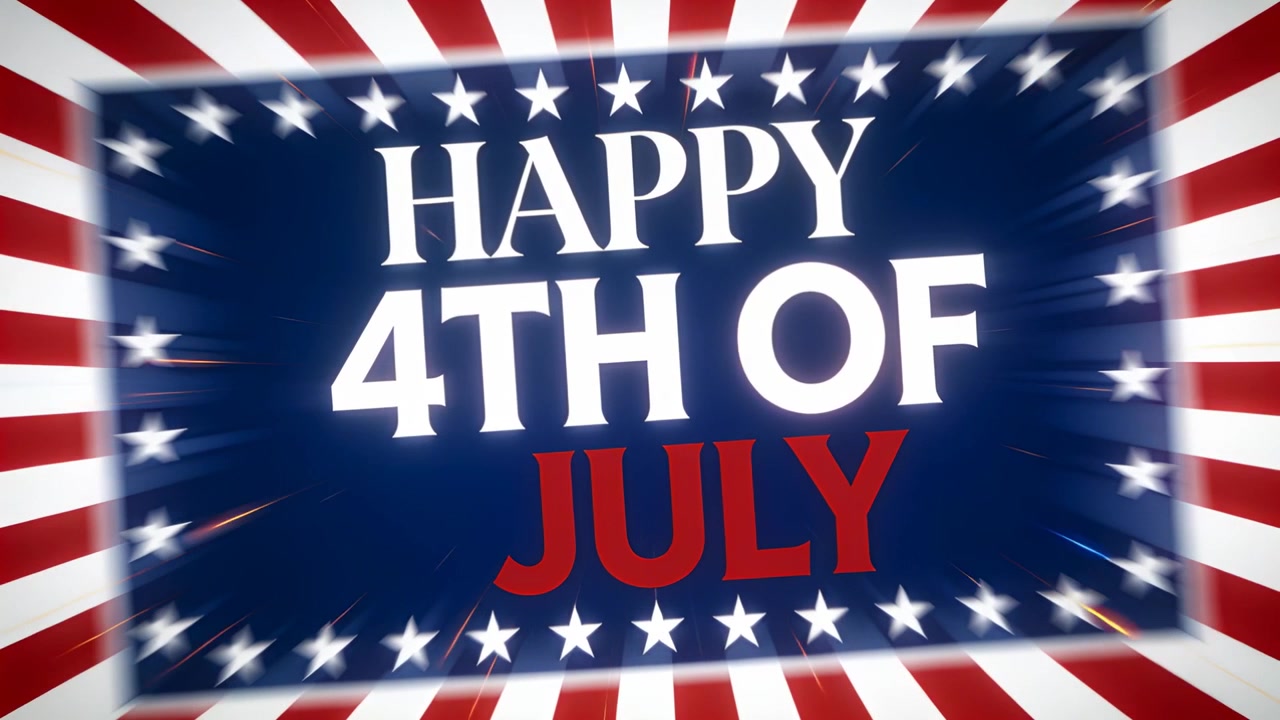 On play, animating July 4 graphic celebrating on navy background with text stars stripes fireworks