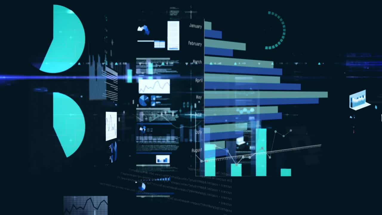검은 바탕에 다양한 그래프와 금융 데이터의 애니메이션