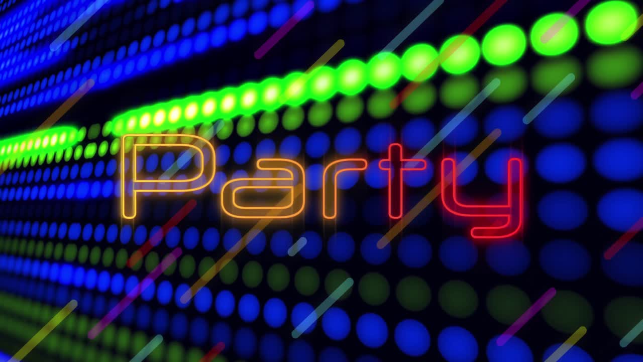 Animation of party neon glowing text over rows of glowing green and blue spots