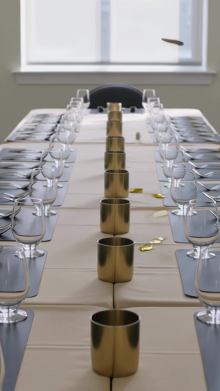 Vertical video: Falling gold confetti landing among gold cups at dining table, adorning settings