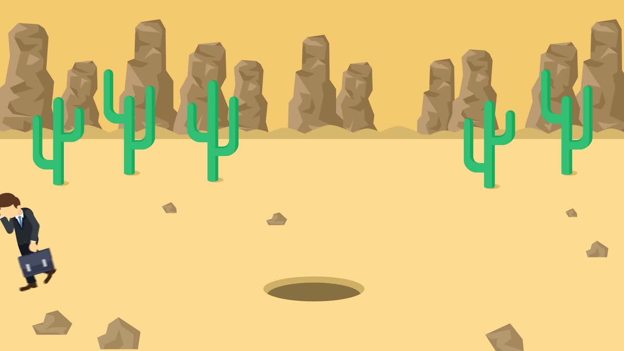 비즈니스맨이 구을 뛰어넘는다. 사막의 배경. 위험 개념. 평평한 스타일의 루프 일러스트레이션.