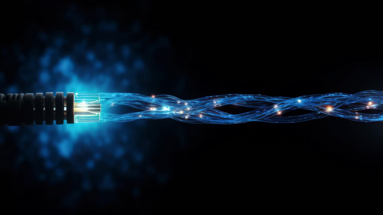 Nærbillede af en glødende fiberoptisk kabel mod en mørk baggrund, der viser teknologi