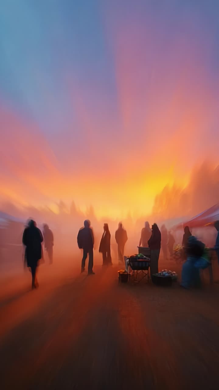 Mesmerizing sunset at a lively market, where colorful skies blend with silhouettes of people, evoking a sense of community and warmth amid nature's beauty