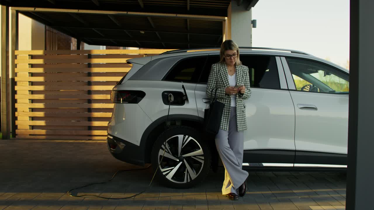 mujer cargando un suv eléctrico en casa