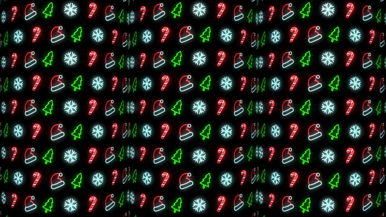 fondo de patrón navideño de neón de árbol de navidad, copo de nieve, sombrero de santa y bastón de caramelo en animación en bucle rojo, blanco y negro