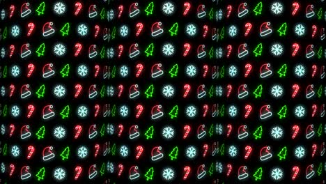 neon christmas pattern background of christmas tree, snowflake, santa hat and candy cane in red black and white looping animation