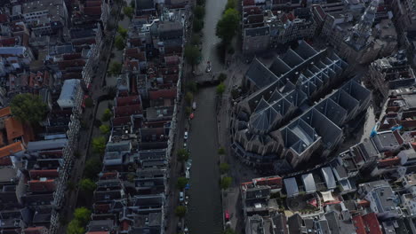 Canal-Overhead-Birds-View-with-Boat-traffic,-Aerial-Drone