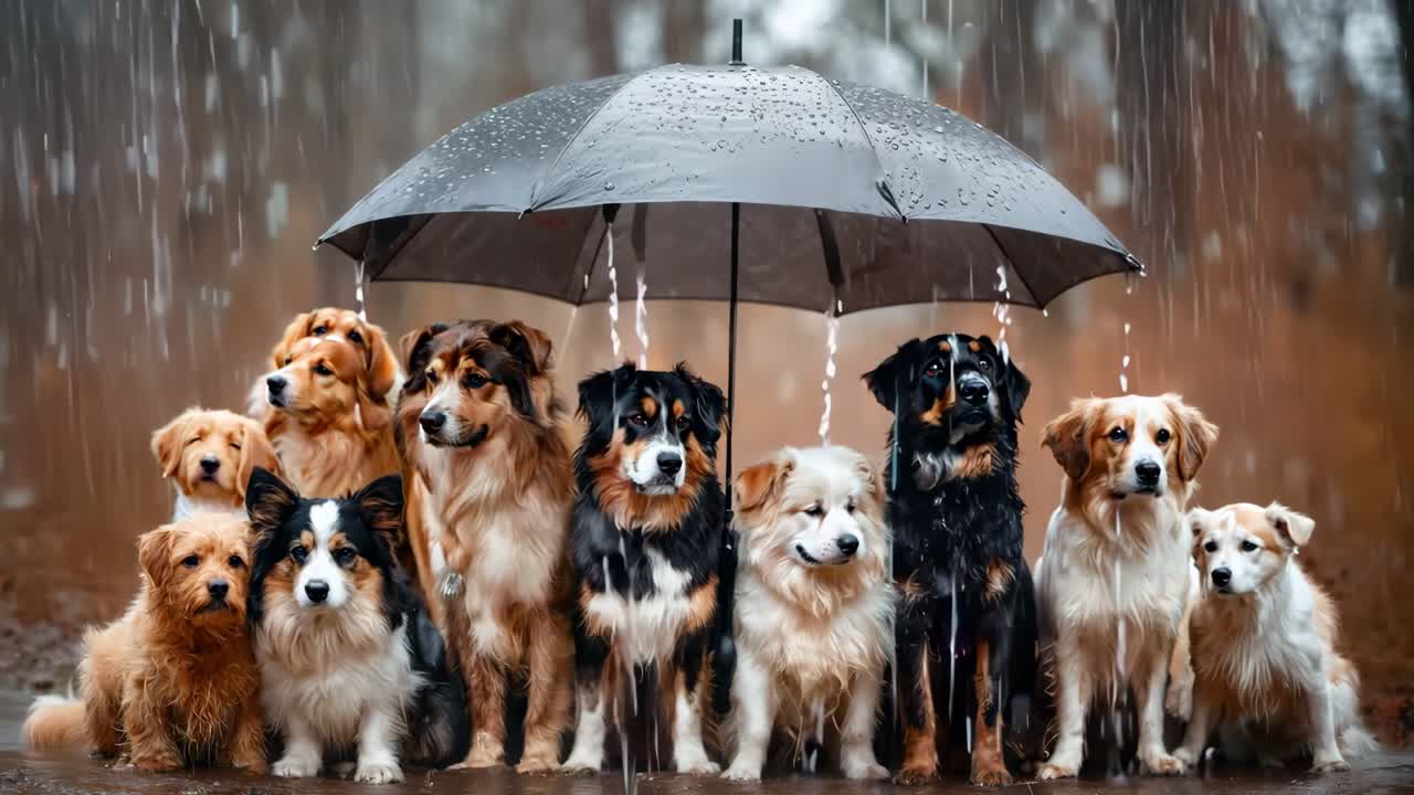 비가 오는 동안 우산 에 서 있는 개 들 의 집단