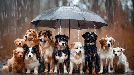 un grupo de perros de pie bajo un paraguas en la lluvia