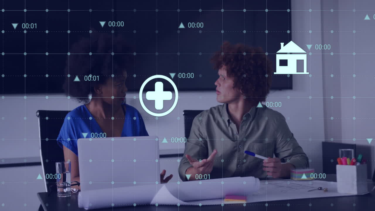 Animation of financial data processing over diverse business people in office
