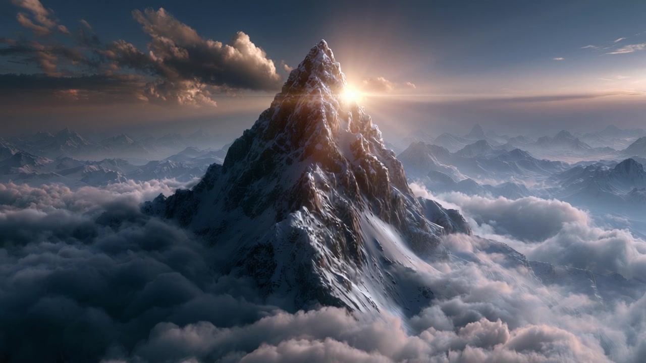 A Majestic Mountain Peak Reaching Towards the Skies, Illuminated by the Golden Rays of the Sun as it Sets Behind a Vast Expansive Landscape of Clouds and Tranquil Nature.