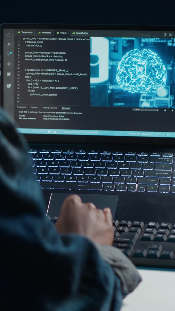 Vertical video Artificial intelligence engineer working from home using notebook