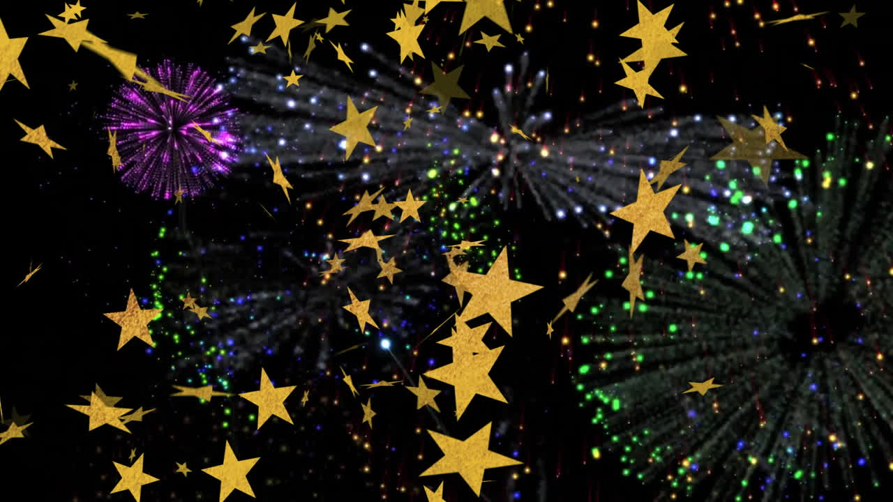 Golden stars animation over colorful fireworks display in night sky