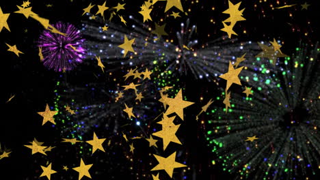 golden stars animation over colorful fireworks display in night sky