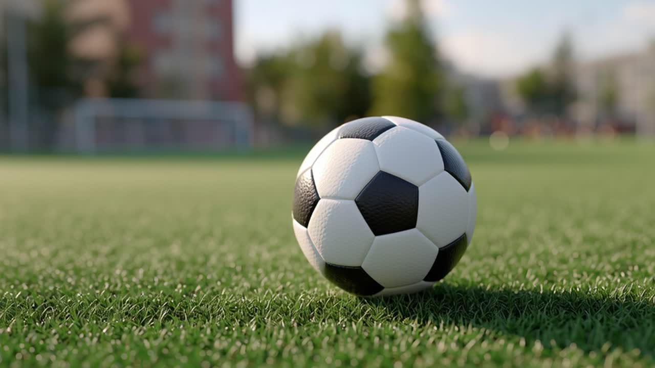 Fodbold hviler på grøn kunstgræsbane