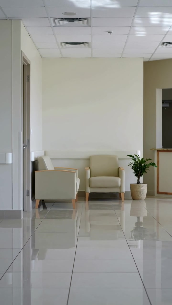 Vídeo vertical: Câmera panorâmica mostrando duas cadeiras creme e uma planta em uma clínica, revelando a recepção