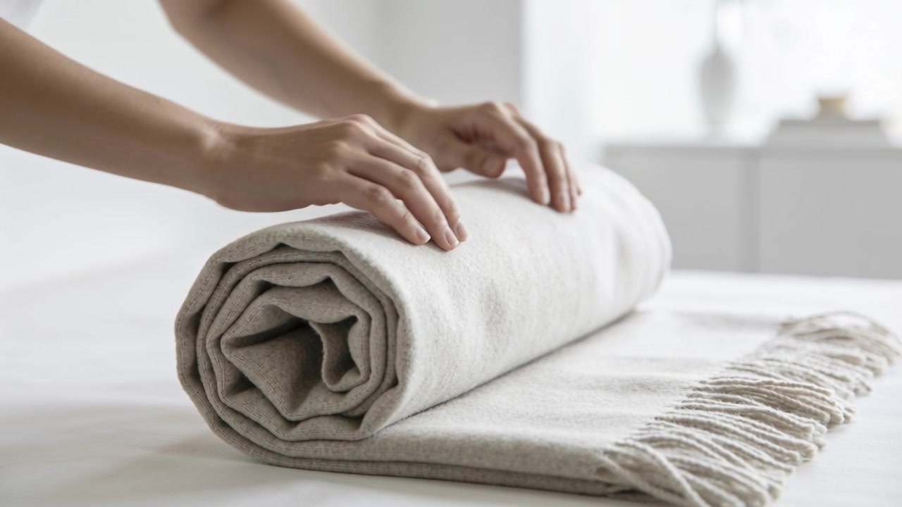 Mani femminili in maniche corte che premono e lisciano una coperta frangiata sul letto dopo aver notato una piega