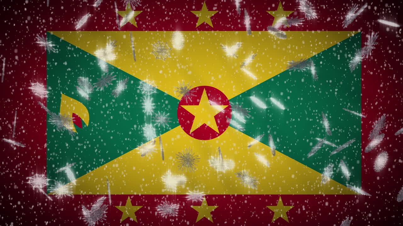 Grenada flag falling snow loopable, New Year and Christmas background, loop