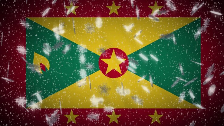 Grenada-Flagge mit fallendem Schnee, loopfähig, Neujahrs- und Weihnachtshintergrund-Loop