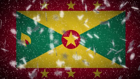 grenada flag falling snow loopable, new year and christmas background, loop