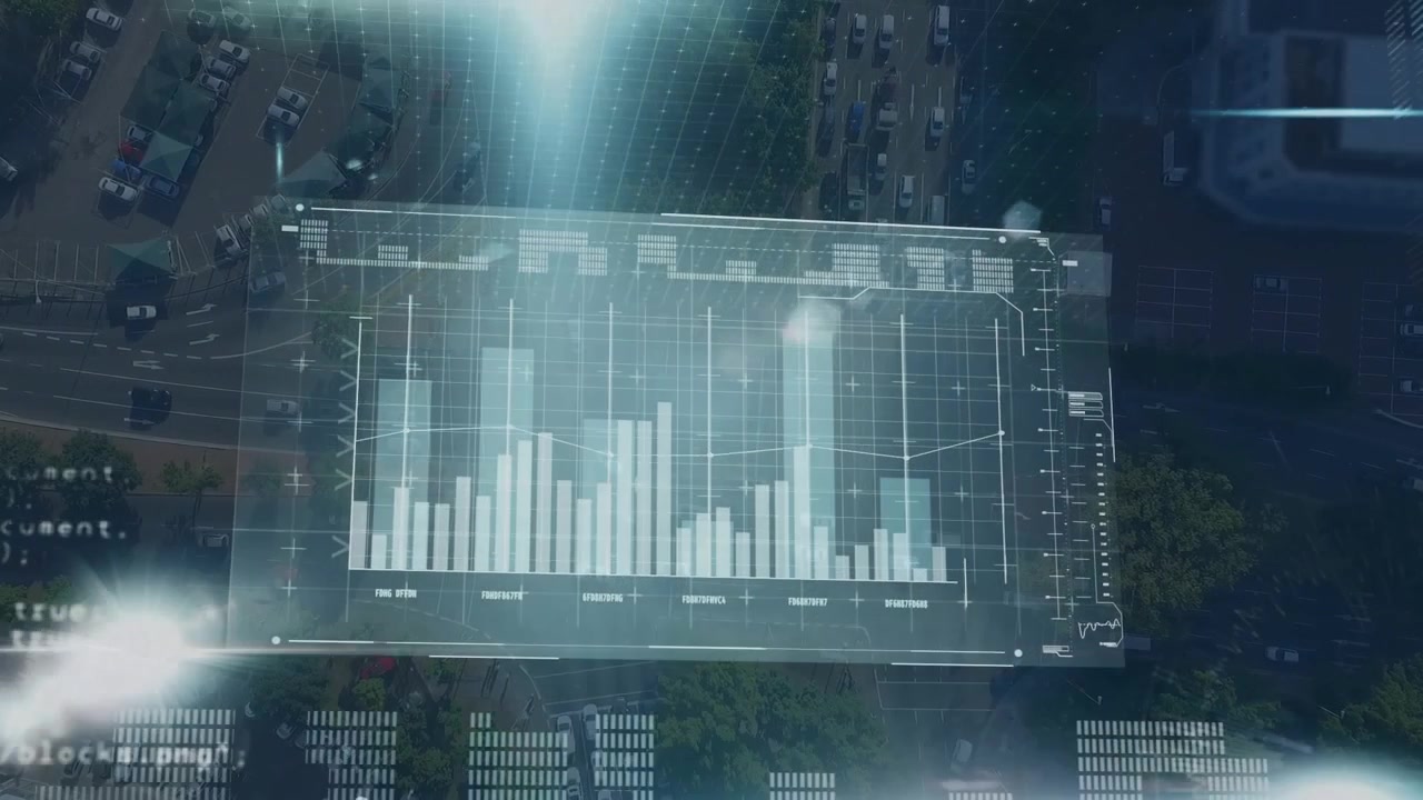 Animation of infographic interface over aerial view of city with moving vehicles on road