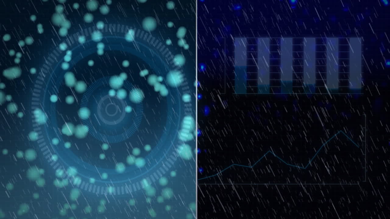 Digital interface with circular patterns and bar graphs under falling rain animation