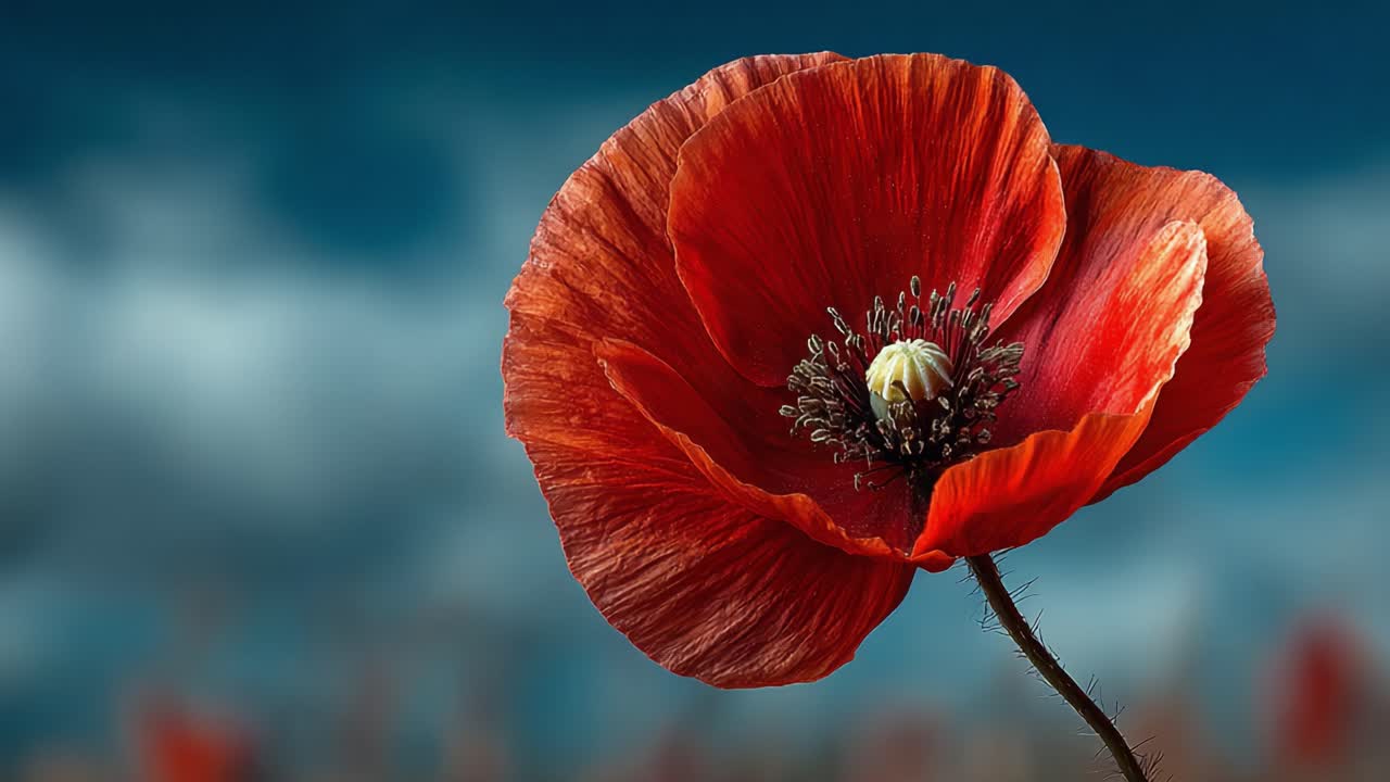 A Stunning Isolated Poppy Flower Blooming Vibrantly Against a Soft Focused Background, Showcasing Its Delicate Textures and Rich Red Color Under a Serene Sky