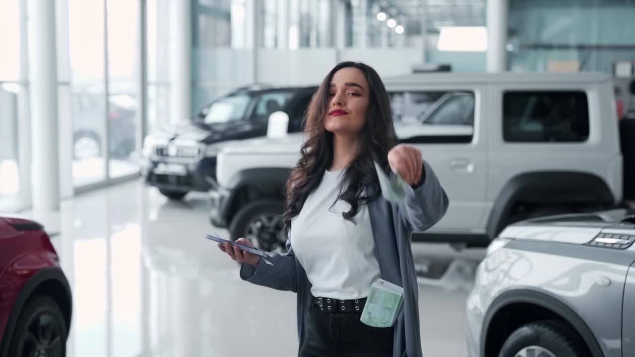 mujer joven esparciendo dinero en un concesionario de automóviles y bailando