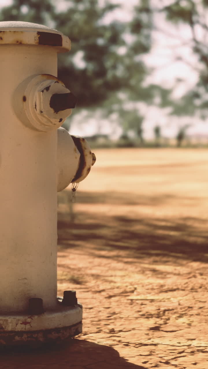 Fire hydrant standing alone on sunlit dirt near trees and open field