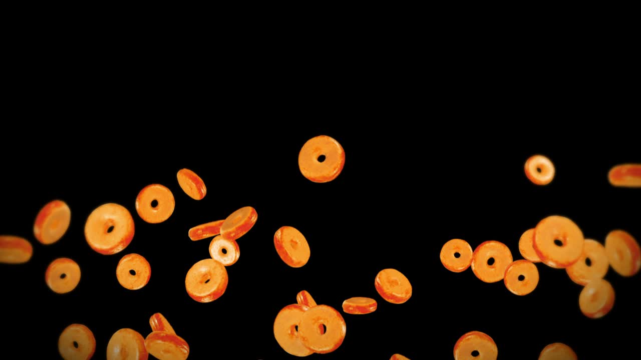 검은색 바탕에 많은 평평한 도을 날리는 도 케이크, 과자, 디저트, 도 회전의 3d 애니메이션, 루프 애니메이션.