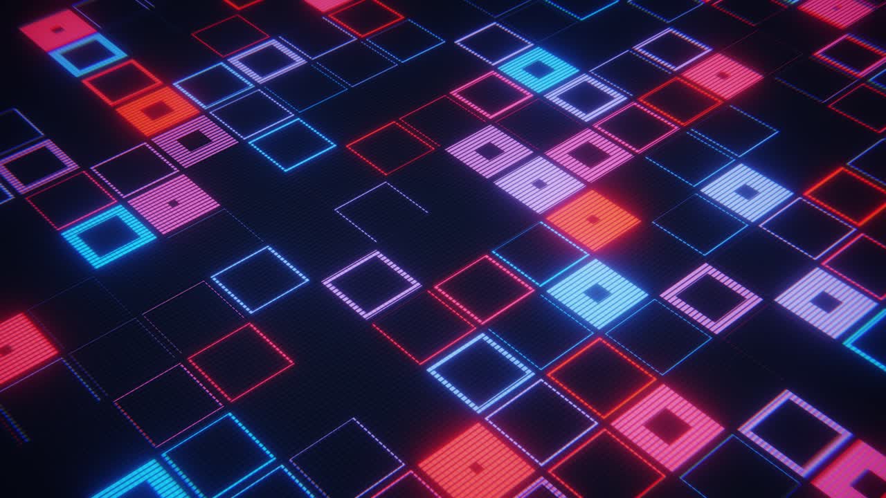 Dynamic Digital Grid Pattern with Flashing Neon Squares