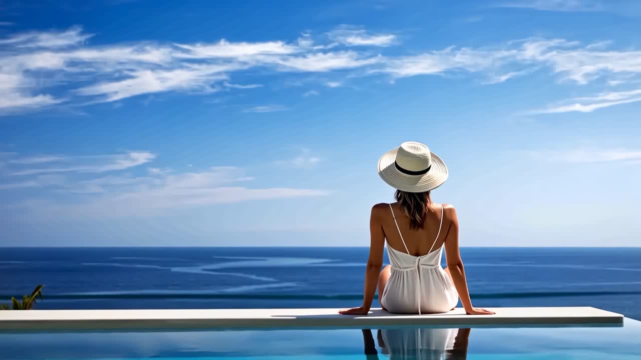 A serene video scene captures a woman in a white dress and hat, seated poolside