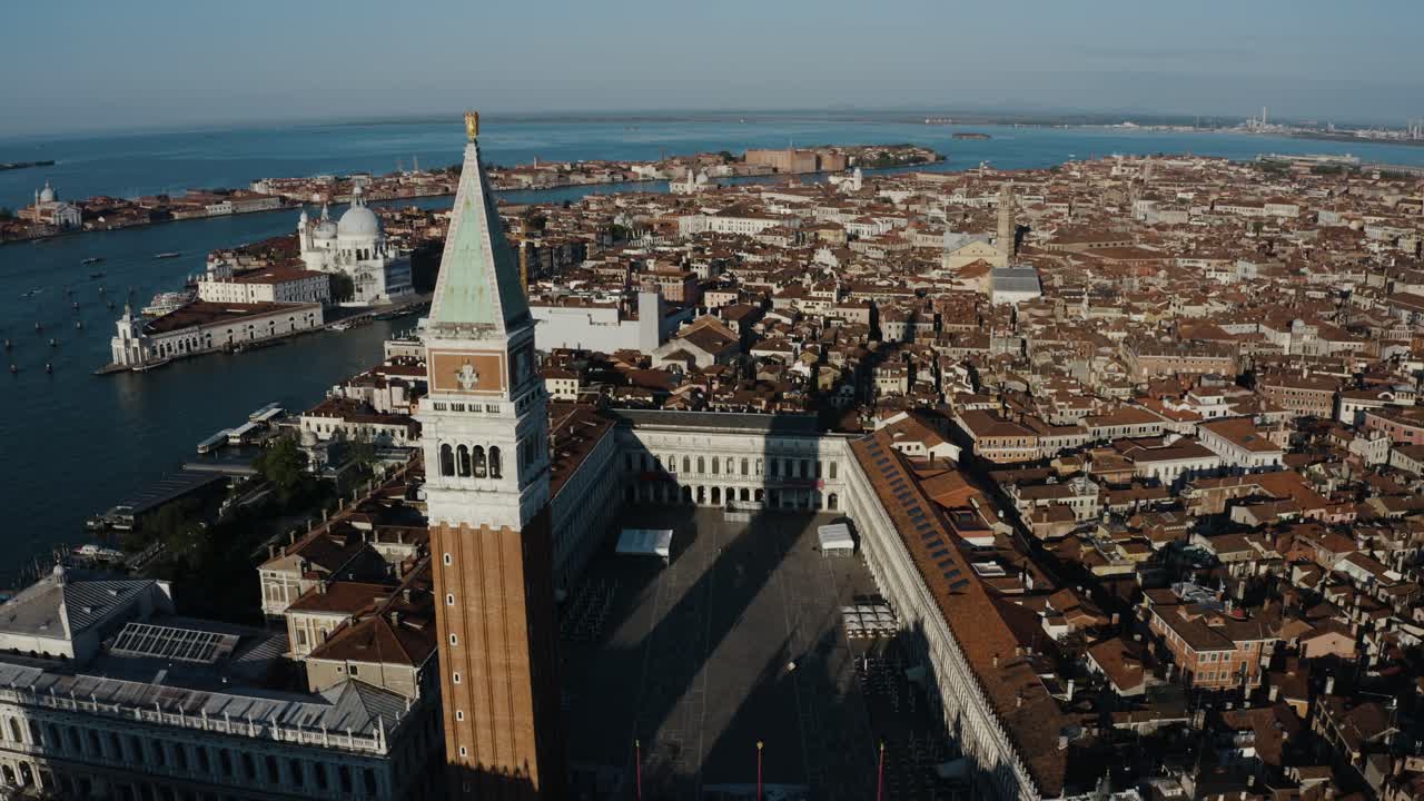 Aerial view of a large tower in St Mark's Square in Venice, Italy