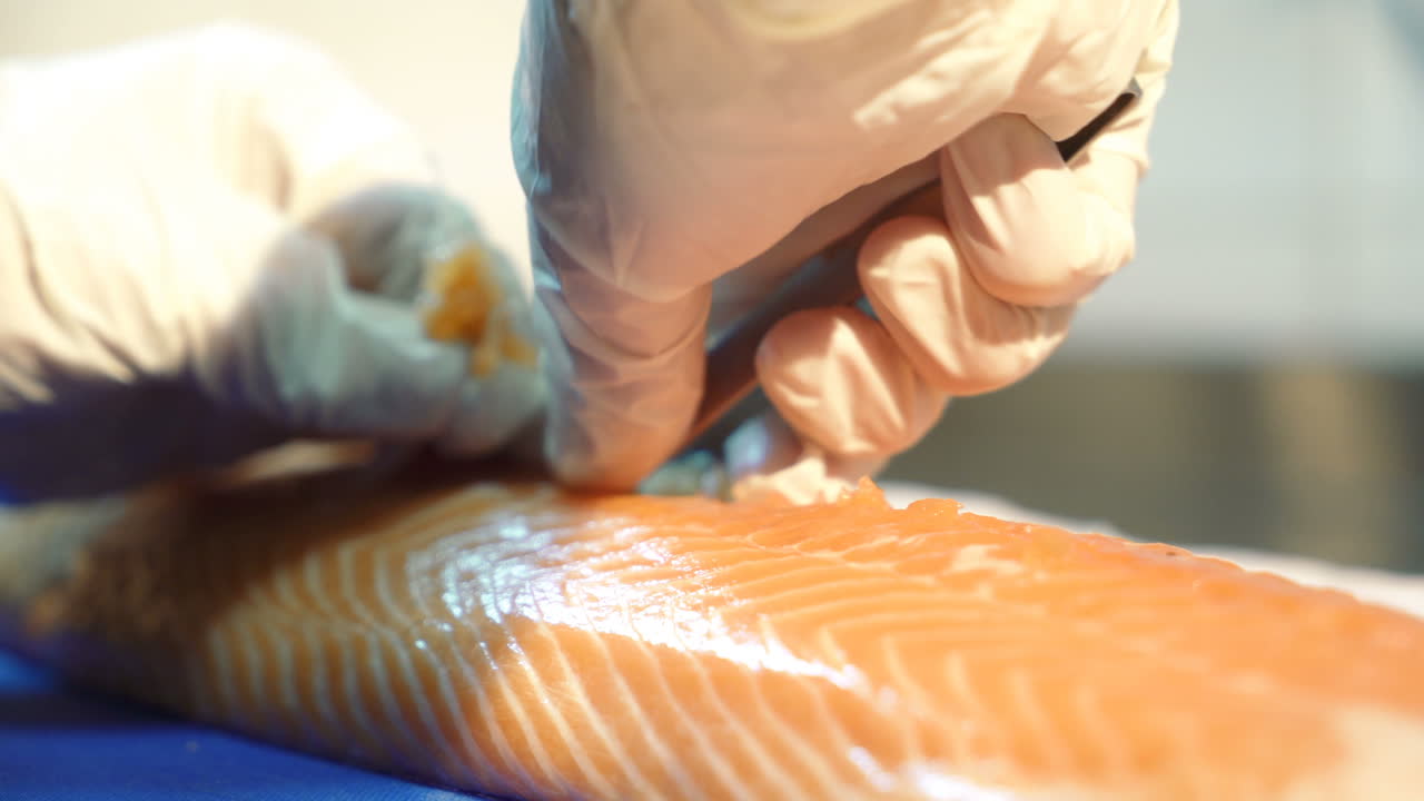 Chef cutting fresh salmon. Chef preparing fresh salmon on cutting board