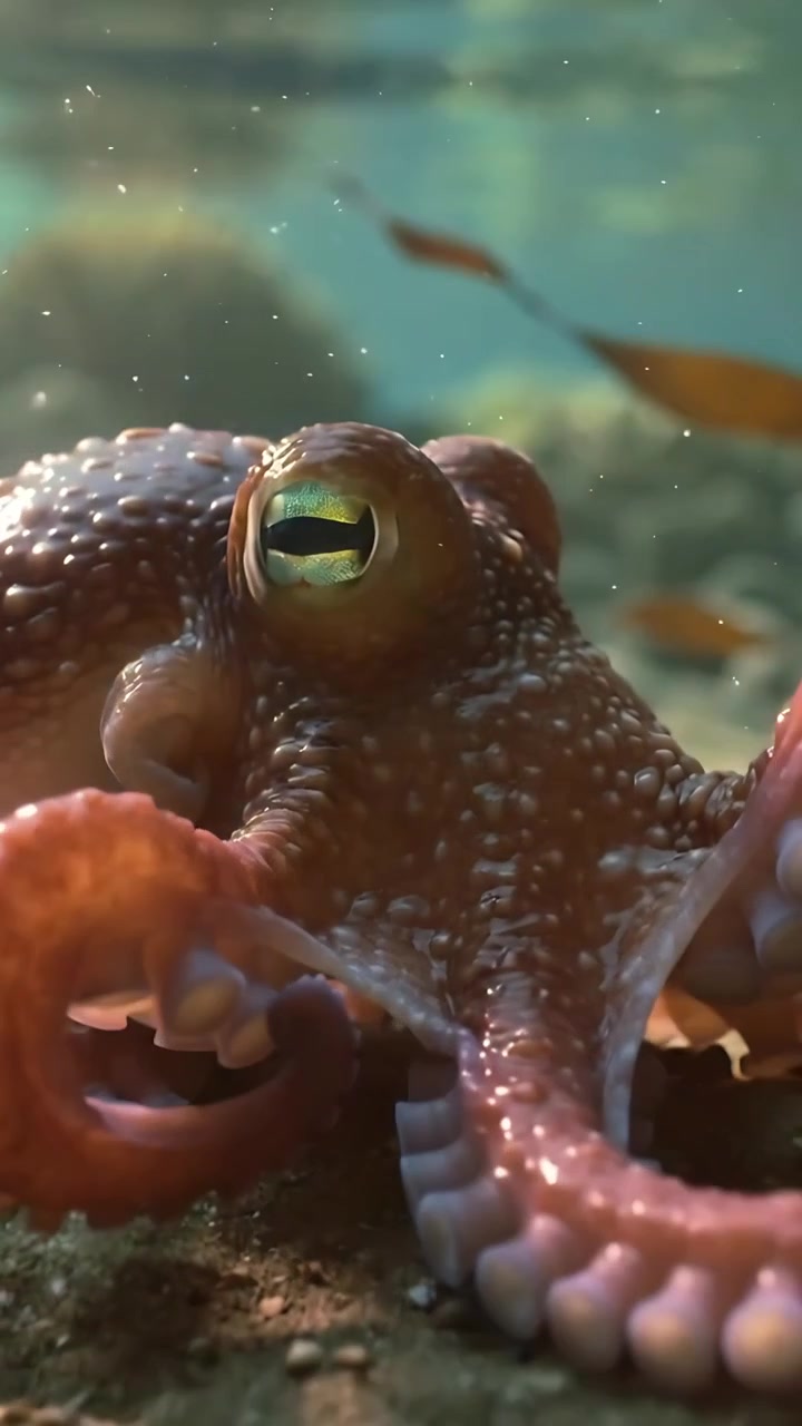 Video verticale: Ripresa in allontanamento, polpo che si sposta, estende i tentacoli e si adagia sulla sabbia, mostrando le ventose.