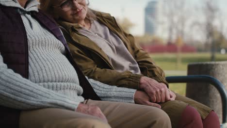 caucasian senior couple sitting at the bench at park and holding hands