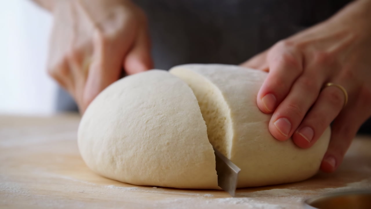 Closeup Baker Scoring Dough On Board, Soft Round Dough, Stainless Steel Bench Scraper, Flour Dust On Surface,